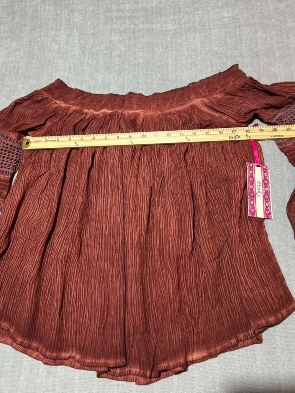 Pinky Boho Off Shoulder Rust Textured Bell Sleeve Blouse L NWT - Picture 8 of 9